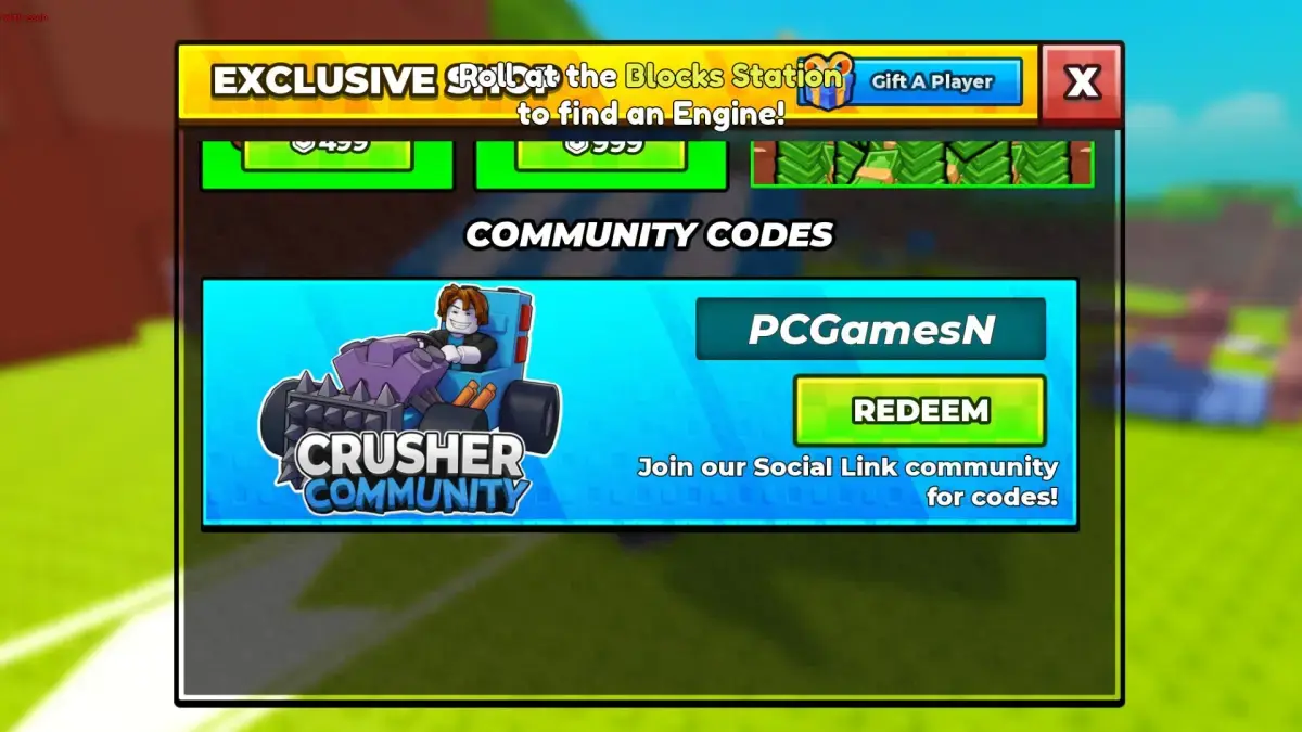 Build and Kill Zombies code redemption screen with the Community Codes box and Redeem button
