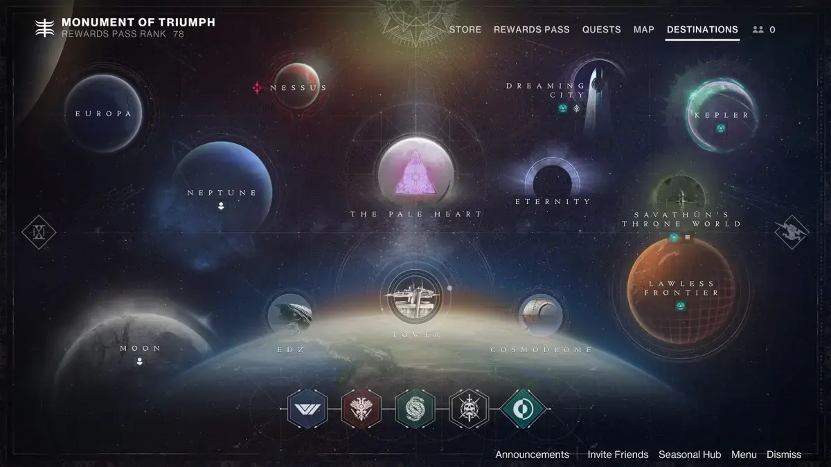 The Destiny 2 Director screen as reworked by the Monument of Triumph update
