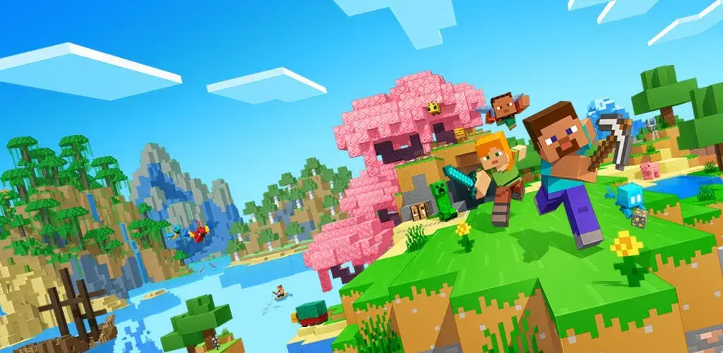 Steve e Alex in un paesaggio di Minecraft con ciliegi in fiore