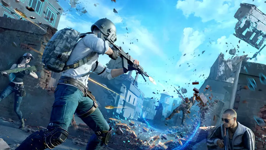 PUBG promotional artwork: a firefight among collapsing buildings