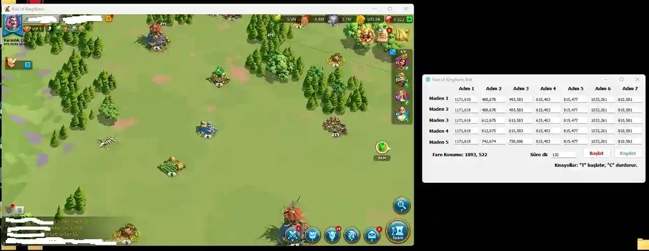 Screenshot of the Rise of Kingdoms mining macro bot.