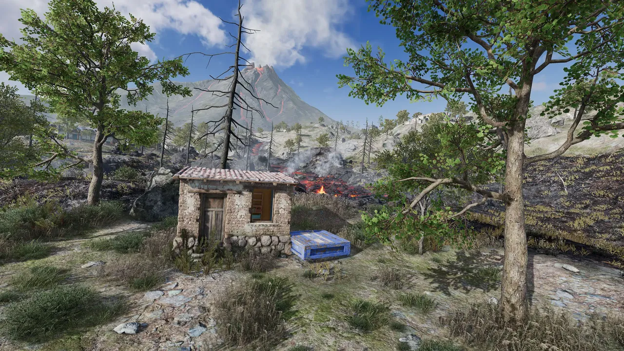Paramo's volcanic terrain: a lava flow, a stone structure and a supply crate